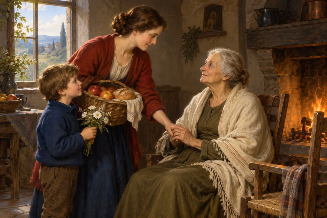 A woman and child bring food, flowers, and companionship to an elderly widow.
