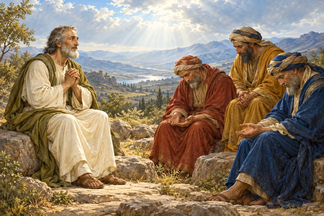 Job prays with mercy as his humbled friends sit beside him.