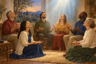 Six adults in modest modern clothes pray with quiet open hands beneath luminous Spirit atmosphere, receiving peace and refreshing.