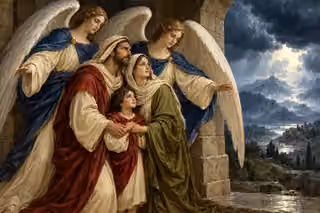 A family stands calmly in a stone refuge beneath protective angel wings.
