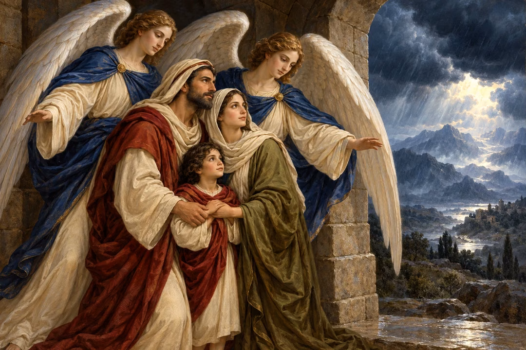 A family stands calmly in a stone refuge beneath protective angel wings.
