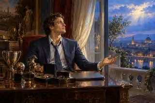 A businessman surrounded by trophies and jewelry turns from his desk toward cool light entering an open window above a city at twilight.