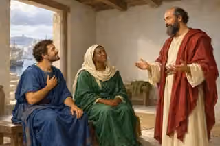 Paul stands with open hands before two joyful seated believers in a simple harbor-side room without ceremonial objects.