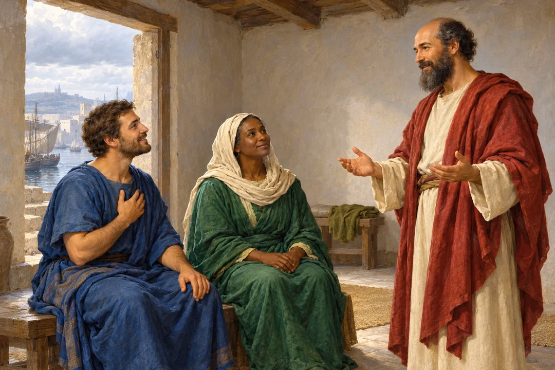 Paul stands with open hands before two joyful seated believers in a simple harbor-side room without ceremonial objects.