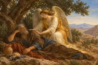 An angel wakes exhausted Elijah beneath a juniper tree beside bread and a water jar.