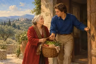 A man fulfills a promise by helping an elderly neighbor carry groceries through her doorway.