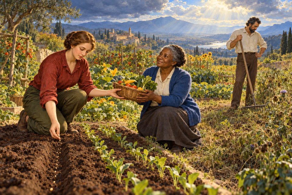 A woman sows seeds while sharing vegetables with an older neighbor; a man considers his weedy plot beside rows at different stages of growth.
