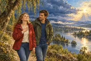 A young couple walk peacefully above a calm river after a storm; the woman rests a hand over her heart beneath clearing clouds.