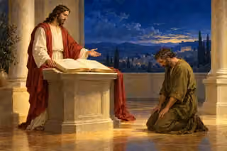Raphael-inspired oil painting of Jesus beside a large open book on a stone lectern, extending an open hand toward a kneeling man in an olive robe against a deep blue evening sky.