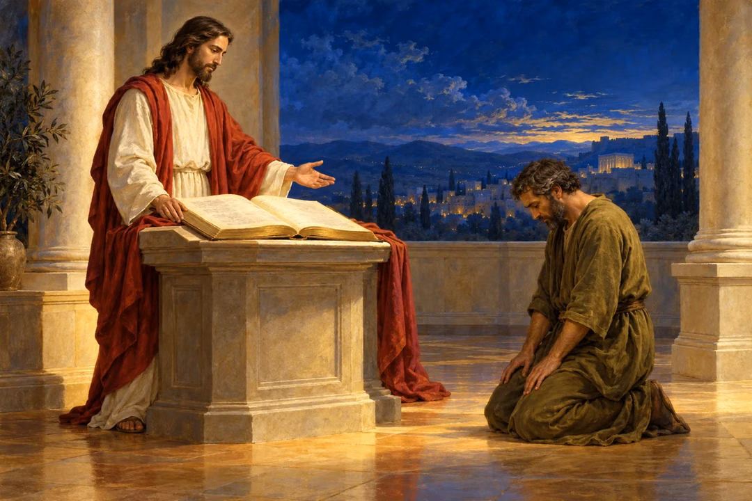 Raphael-inspired oil painting of Jesus beside a large open book on a stone lectern, extending an open hand toward a kneeling man in an olive robe against a deep blue evening sky.