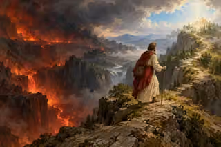 A pilgrim chooses the illuminated ascending path above a vast fiery chasm.