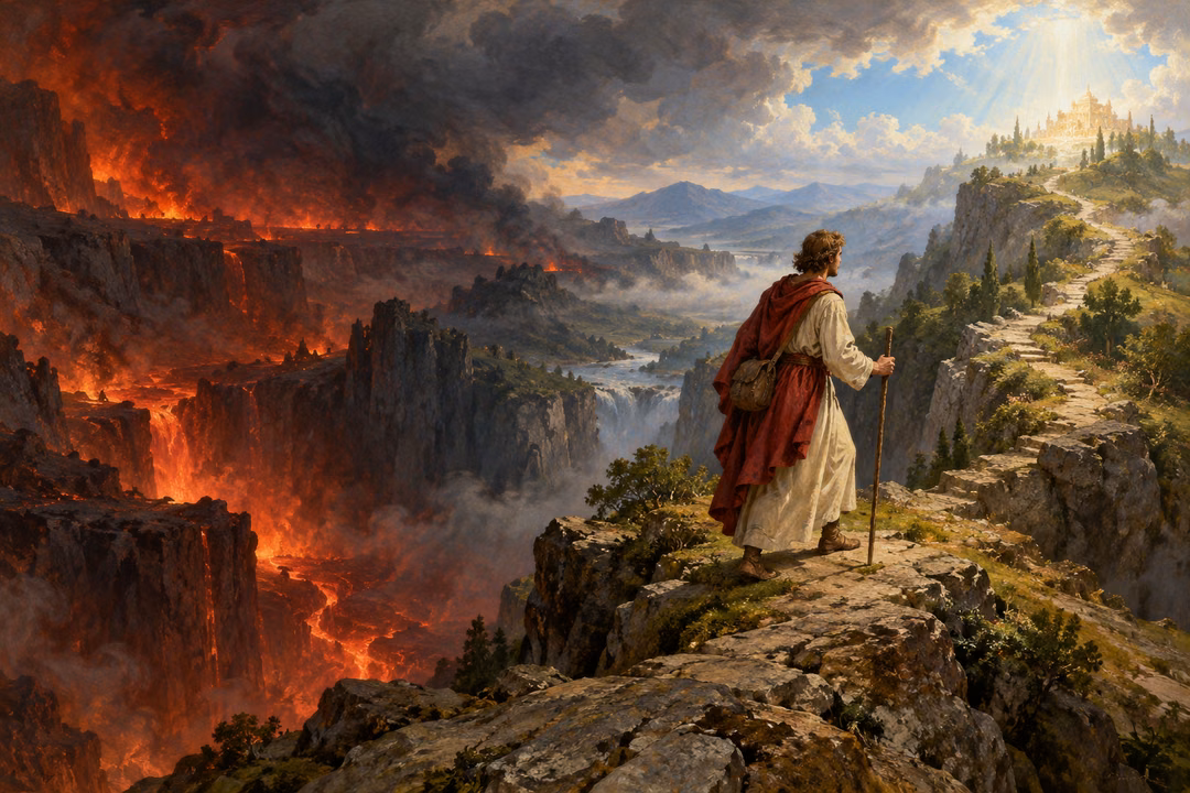 A pilgrim chooses the illuminated ascending path above a vast fiery chasm.