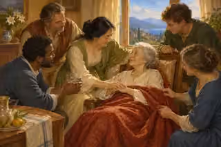 Believers of varied ages care together for an elderly woman, sharing water, warmth and attentive love.