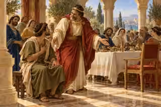 A gracious host invites a humble guest from a low stool to an honored seat at a feast.
