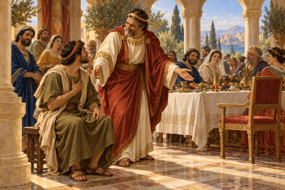 A gracious host invites a humble guest from a low stool to an honored seat at a feast.