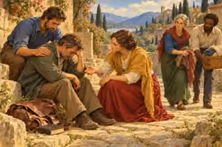 A compassionate group gently restores a distressed man on a sunlit stone path.