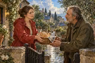 A woman in a red raincoat offers a basket of bread and drinking water to an older man across a garden gate after rain.