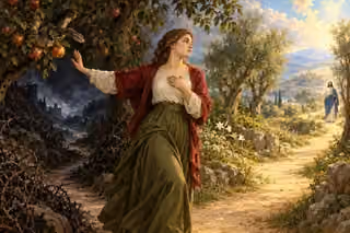 A woman turns away from a serpent and enticing fruit toward a bright garden path where Christ welcomes her, leaving a thorny shadowed way behind.