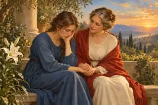 A compassionate friend comforts a grieving woman in a peaceful garden.
