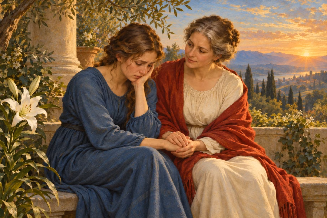 A compassionate friend comforts a grieving woman in a peaceful garden.