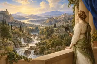 A woman lowers a darkened mirror and gazes with trust toward a luminous valley of waterfalls and fruitful orchards.