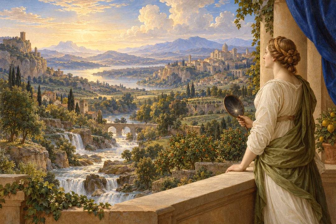 A woman lowers a darkened mirror and gazes with trust toward a luminous valley of waterfalls and fruitful orchards.