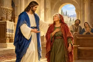 Jesus gently supports an elderly woman who stands upright with joy in an ancient synagogue.