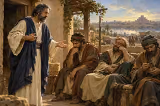 Ezekiel speaks earnestly outside a humble house while three listeners respond with thoughtfulness, idle interest, and distraction.