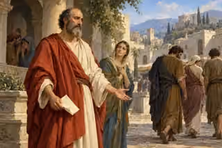 Paul holds a letter with a sorrowful open hand as listeners drift away and one woman remains compassionately beside him.