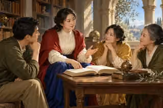 East Asian teacher explaining an open book to three attentive learners in an arched library.