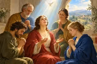 Believers pray together beneath a dove and a single shared stream of heavenly light.