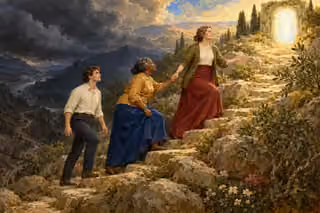 Three steadfast people help one another climb a mountain path toward a holy place filled with divine light.