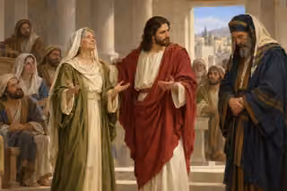 Jesus rests his hand on a newly upright woman's shoulder in a limestone synagogue while she opens her hands in gratitude and a richly robed ruler lowers his eyes.