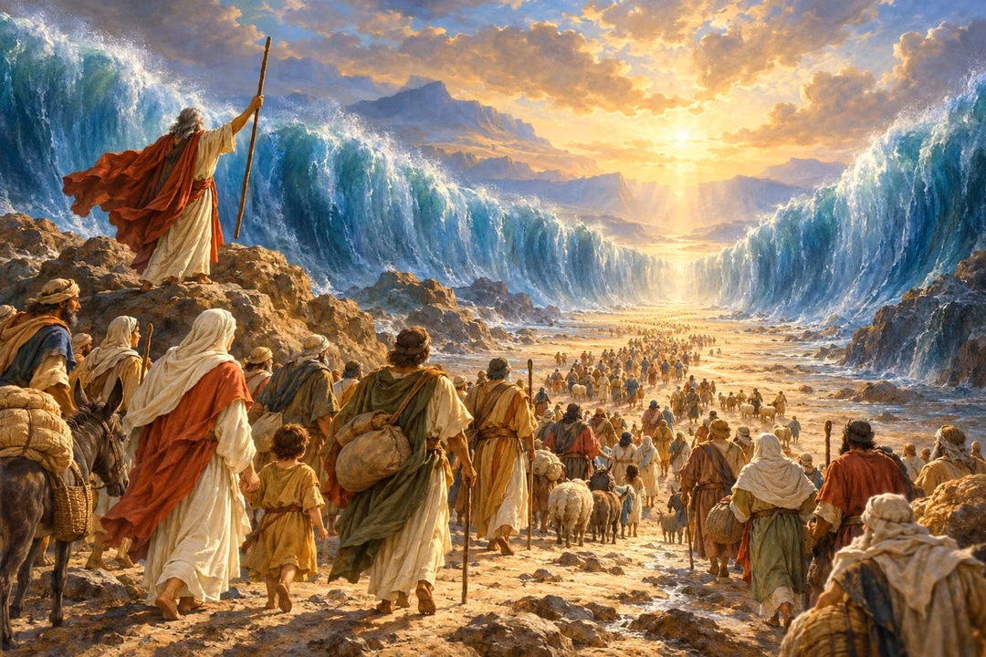 Moses raises his staff as trusting families cross the dry path through the opened Red Sea.