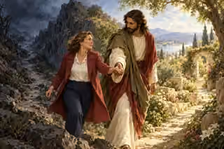 A modern woman holds Jesus' hand as she turns from a dark rocky path toward a sunlit garden path.