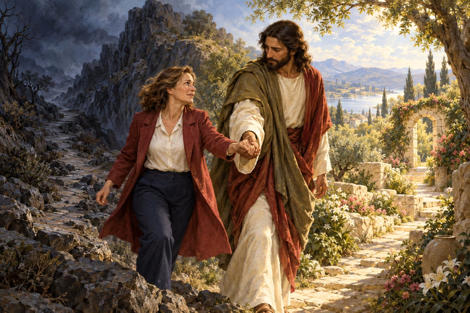 A modern woman holds Jesus' hand as she turns from a dark rocky path toward a sunlit garden path.
