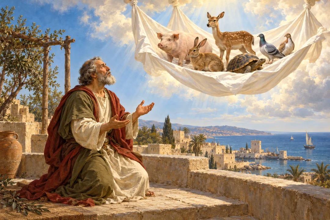 Peter looks up from a rooftop as a luminous sheet holding animals descends from the sky.
