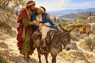 The Samaritan supports a weary traveler on a donkey toward an inn.