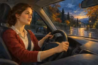 A woman in a crimson cardigan drives attentively with both hands on the wheel along a wet tree-lined road at dusk.