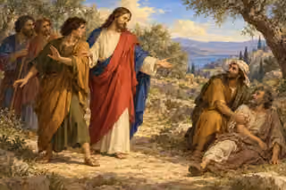 Jesus gently checks John's excluding gesture and welcomes an outsider helping a distressed man.