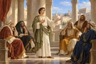 Stephen speaks calmly to a seated council beneath an open stone colonnade.