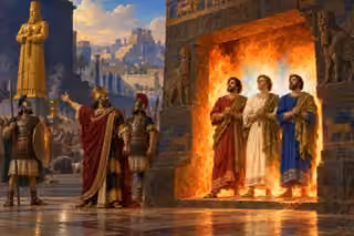 Three faithful men stand calmly in spiritual light at Babylon's furnace while refusing a golden idol.
