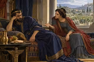 Ahab reclines resentfully beside untouched bread as Jezebel gestures persuasively; a green vineyard is visible beyond the palace opening.
