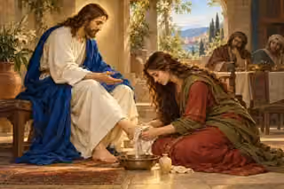 A woman humbly tends Jesus' foot as he offers a compassionate gesture of forgiveness.