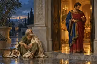 Raphael-inspired oil painting of Lazarus sitting beside a dog outside an ornate doorway while a rich man looks at a gold coin in the warm light within.