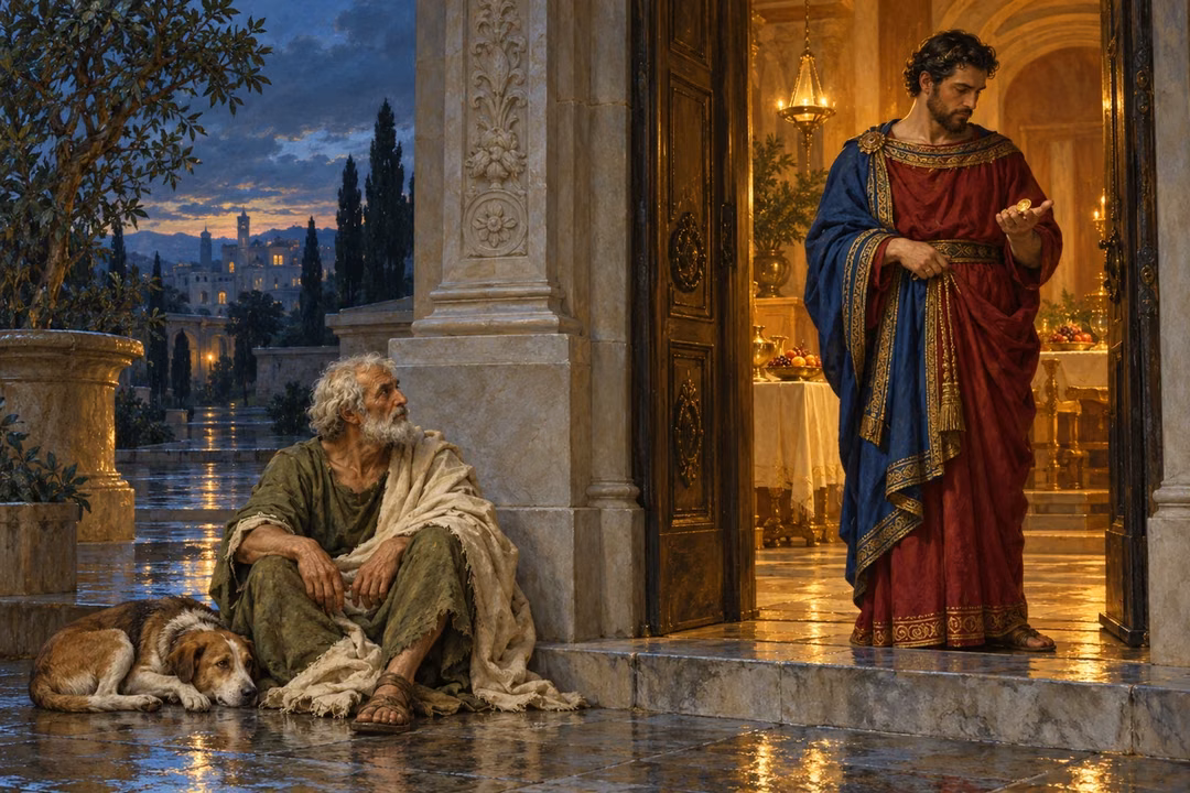 Raphael-inspired oil painting of Lazarus sitting beside a dog outside an ornate doorway while a rich man looks at a gold coin in the warm light within.