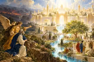 John and an angel behold the radiant New Jerusalem, its river and tree of life, while a dark burning valley remains beyond the walls.