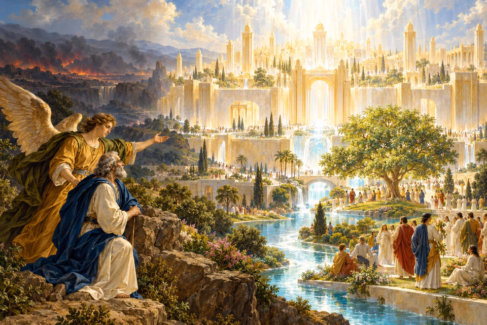 John and an angel behold the radiant New Jerusalem, its river and tree of life, while a dark burning valley remains beyond the walls.