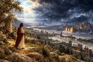 Nahum watches a vast storm and rising flood over an ancient city from a sheltered ridge.