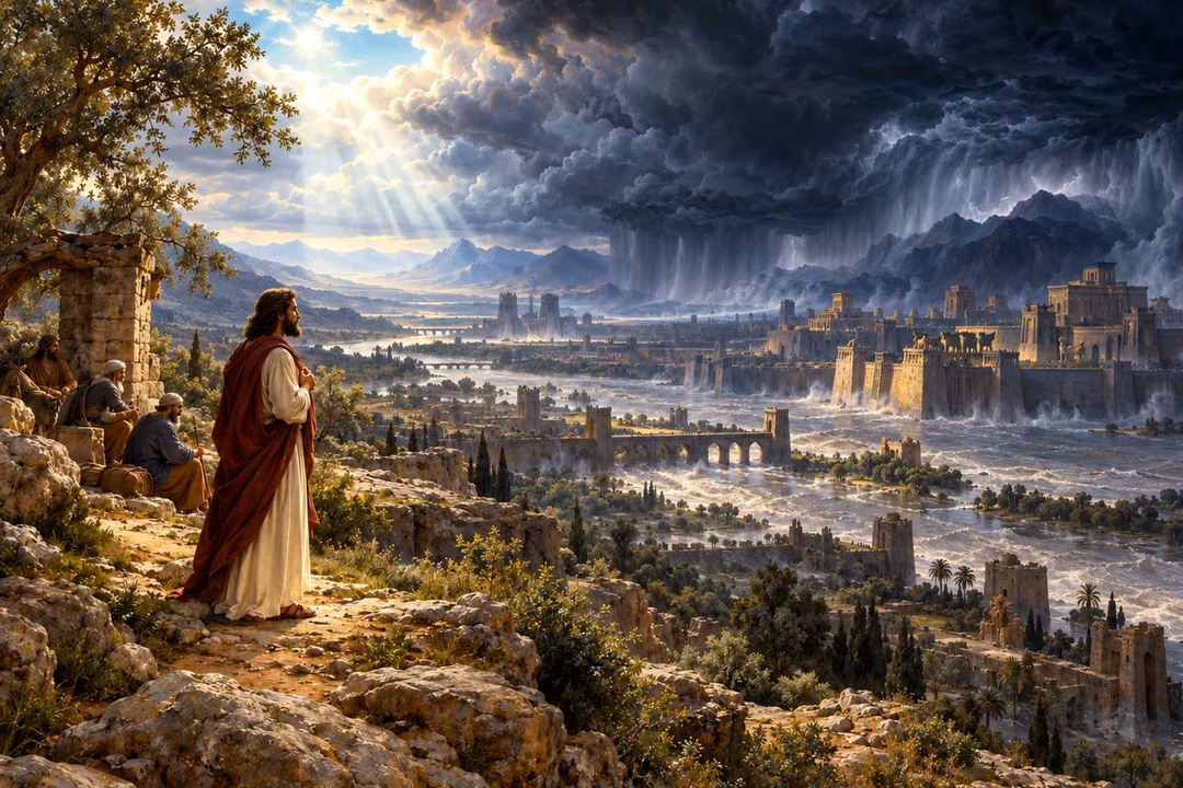 Nahum watches a vast storm and rising flood over an ancient city from a sheltered ridge.